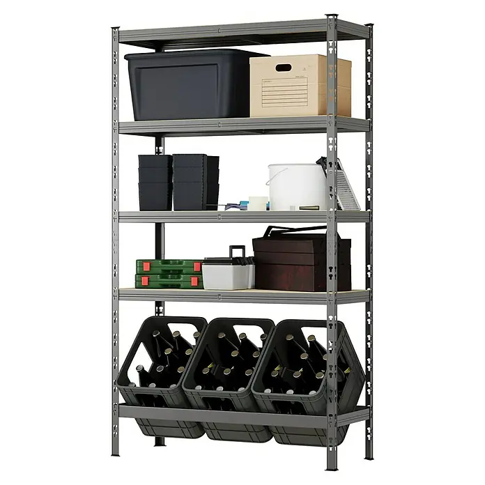 Regalux Metallregal - H x B x T: 180 x 93 x 40 cm, Traglast pro Boden: 175 kg, Anzahl Böden: 5 Stk., Stecken - Graues Metallregal mit fünf Regalböden, gefüllt mit Lagerbehältern, Werkzeugkästen und Flaschenkästen.