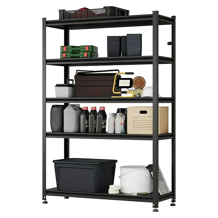 Regalux Metallregal Style M - H x B x T: 175 x 120 x 45 cm, Traglast pro Boden: 150 kg, Anzahl Böden: 5 Stk., Stecken, Schwarz - Schwarzes Metall-Lagerregal mit fünf Ablagen, gefüllt mit Werkzeugen, Flüssigkeiten und Vorräten für Garage oder Werkstatt.