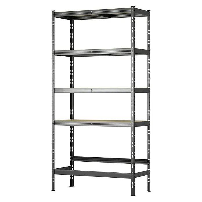 Regalux Metallregal - H x B x T: 180 x 93 x 40 cm, Traglast pro Boden: 175 kg, Anzahl Böden: 5 Stk., Stecken - Stabiles, dunkelgraues Metallregal mit fünf verstellbaren hellbraunen Holzablagen zur Lagerung.
