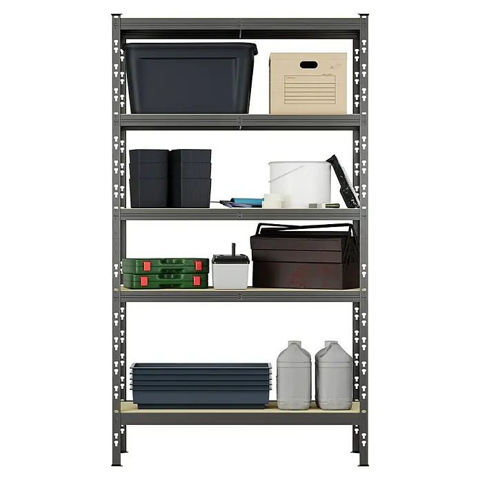 Regalux Metallregal - H x B x T: 180 x 93 x 40 cm, Traglast pro Boden: 175 kg, Anzahl Böden: 5 Stk., Stecken - Graues Metallregal mit fünf Holzablagen, gefüllt mit verschiedenen Aufbewahrungsboxen, Werkzeugen und Behältern.