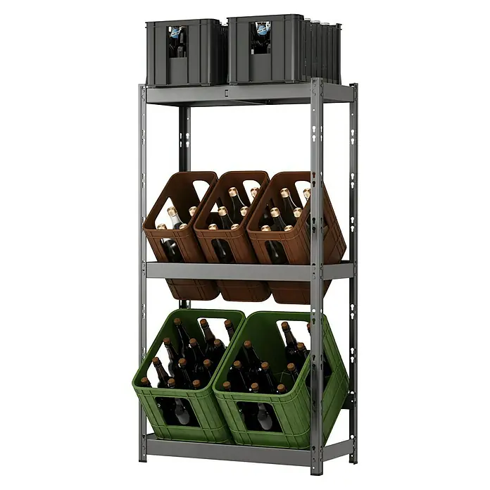 Regalux Getränkekistenregal - H x B x T: 133 x 70 x 32,5 cm, Traglast pro Boden: 50 kg, Anzahl Böden: 1 Stk., Stecken, Anthrazit - Graues Metallregal mit schwarzen, braunen und grünen Kunststoffkästen voller dunkler Flaschen.