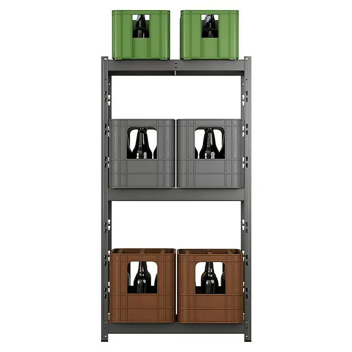 Regalux Getränkekistenregal - H x B x T: 133 x 70 x 32,5 cm, Traglast pro Boden: 50 kg, Anzahl Böden: 1 Stk., Stecken, Anthrazit - Metallregal mit drei Böden, die grüne, graue und braune Kästen mit dunklen Flaschen halten.