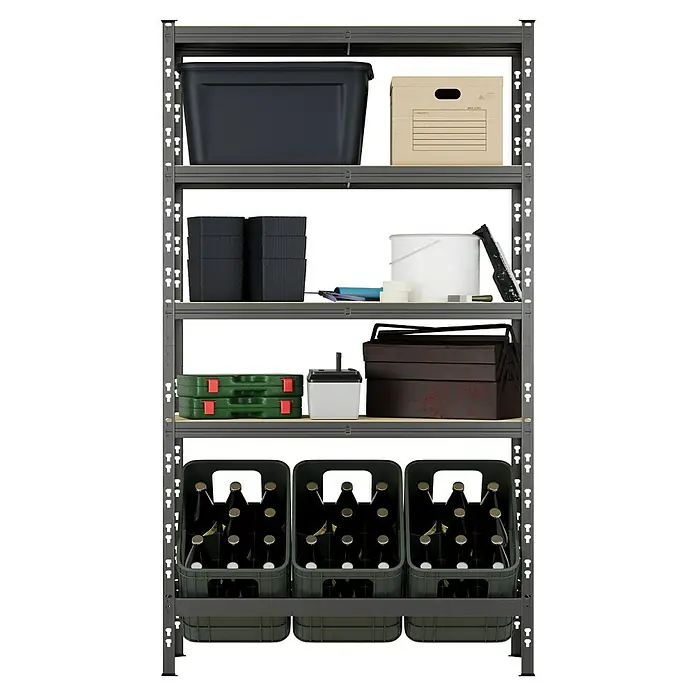 Regalux Metallregal - H x B x T: 180 x 93 x 40 cm, Traglast pro Boden: 175 kg, Anzahl Böden: 5 Stk., Stecken - Graues Metalllagerregal mit schwarzen Behältern, Karton, Werkzeugen, Farbe und drei Flaschenkisten gefüllt.