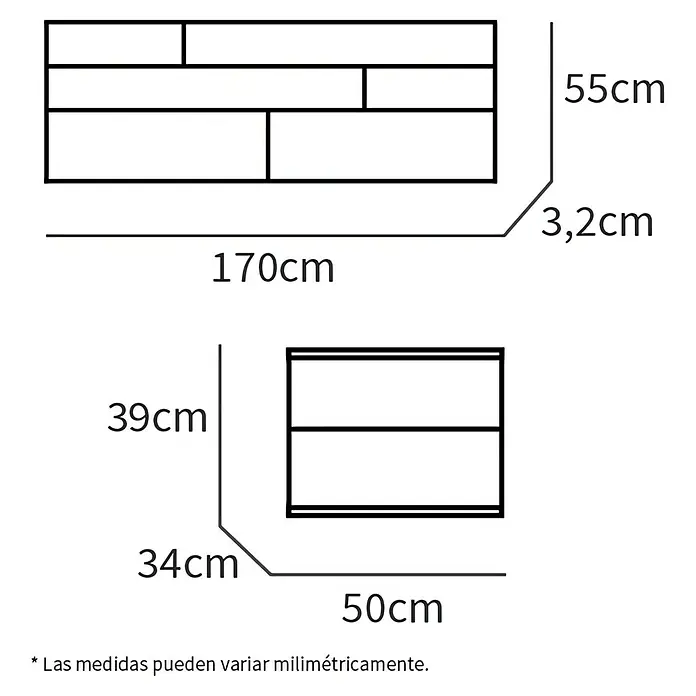 Muebles Pitarch Cabecero de cama con mesitas Erika - Blanco/Roble Cambrian - Dibujo técnico: Mueble de almacenaje de pared rectangular con varios compartimentos. Medidas generales: 170cm Ancho, 55cm Alto, 50cm Fondo.