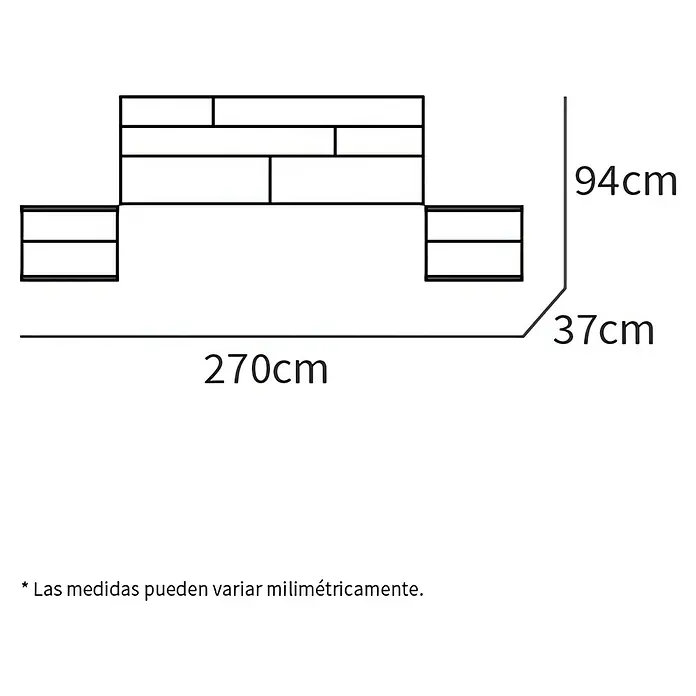 Muebles Pitarch Cabecero de cama con mesitas Erika - Blanco/Roble Cambrian - Diagrama de dimensiones para mueble de pared modular: 270cm ancho, 94cm alto, 37cm profundo.