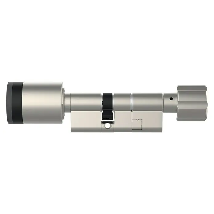 Abus Elektronisches Türschloss CYLOX™ One - Bedienung: Über App, Mit Innenknauf, Baulänge innen: 30 mm - 40 mm - Silberner Türzylinder mit schwarzen Details, mit Drehknauf an einem Ende und Schlüsselloch am anderen.