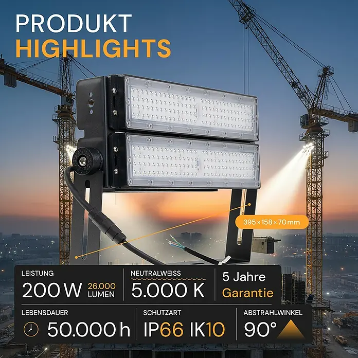 Enovalite LED-Strahler - 200 W, 26.000 lm, L x B x H: 39,5 x 15,8 x 7 cm, IP66