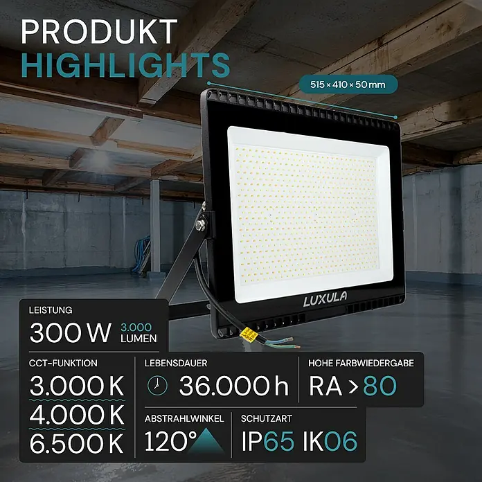 Luxula LED-Strahler - 300 W, 30.000 lm, L x B x H: 51,5 x 5 x 41 cm, IP65