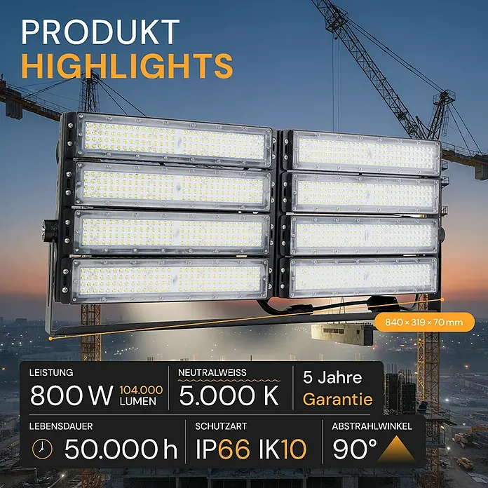 Enovalite LED-Strahler - 800 W, 104.000 lm, L x B x H: 84 x 31,9 x 7 cm, IP66