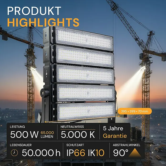 Enovalite LED-Strahler - 500 W, 65.000 lm, L x B x H: 39,5 x 39,9 x 7 cm, IP66