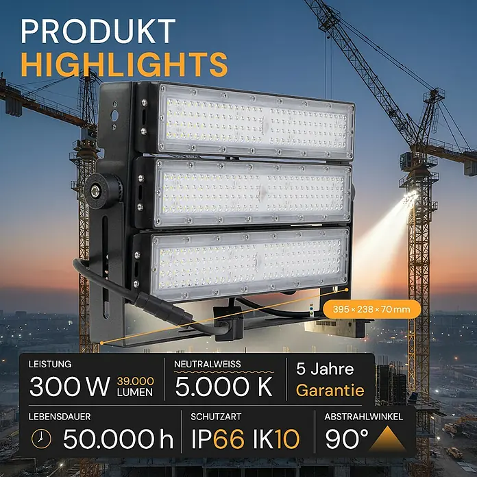 Enovalite LED-Strahler - 300 W, 39.000 lm, L x B x H: 39,5 x 23,8 x 7 cm, IP66