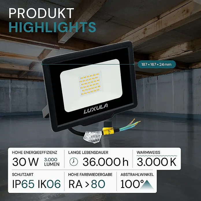 Luxula LED-Strahler - 30 W, 3.000 lm, 3.000 K, L x B x H: 18,7 x 2,4 x 16,7 cm, IP65