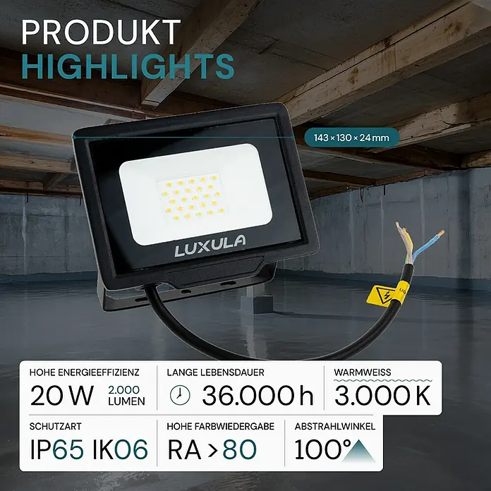 Luxula LED-Strahler - 20 W, 2.000 lm, 3.000 K, L x B x H: 14,3 x 2,4 x 13 cm, IP65