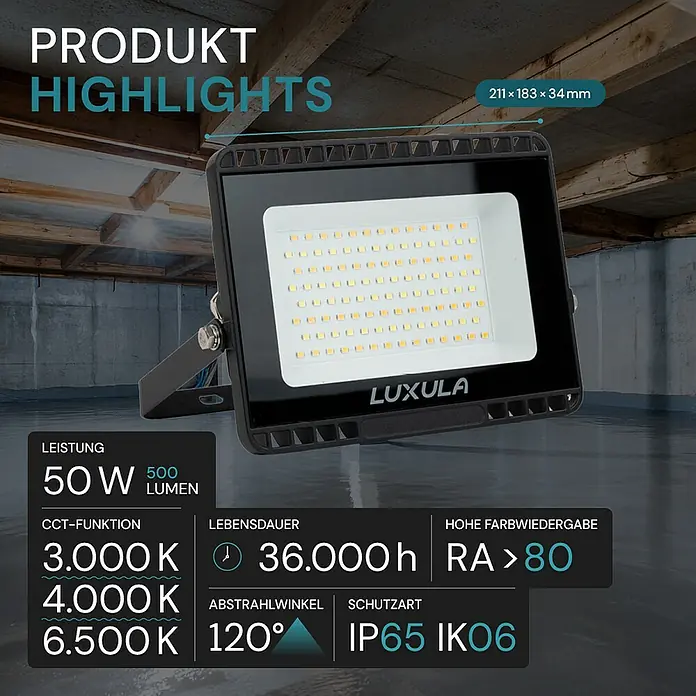 Luxula LED-Strahler - 50 W, 5.000 lm, L x B x H: 21,1 x 3,4 x 18,3 cm, IP65