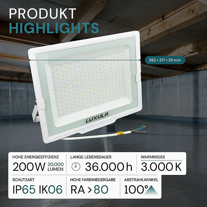 Luxula LED-Strahler - 200 W, 20.000 lm, L x B x H: 38,2 x 3,5 x 31,7 cm, IP65
