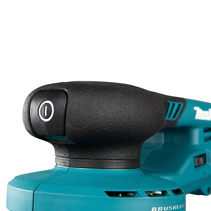 Makita XGT 40V max. Akku-Exzenterschleifer - 40 V, Ohne Akku, Durchmesser Schleifteller: 125 mm - Nahaufnahme eines türkis-schwarzen Akku-Exzenterschleifers mit Ein-/Aus-Taste am ergonomischen Griff.