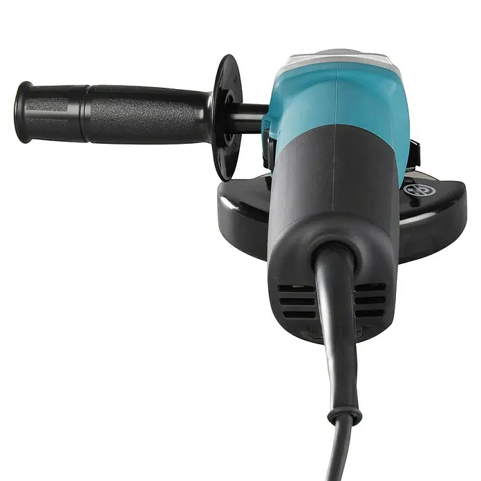 Makita Elektro-Winkelschleifer 9565CR - 1.400 W, 11.000 U/min - Nahaufnahme eines schwarz-türkisen Winkelschleifers mit schwarzem Griff und Schutzvorrichtung, inklusive Netzkabel.
