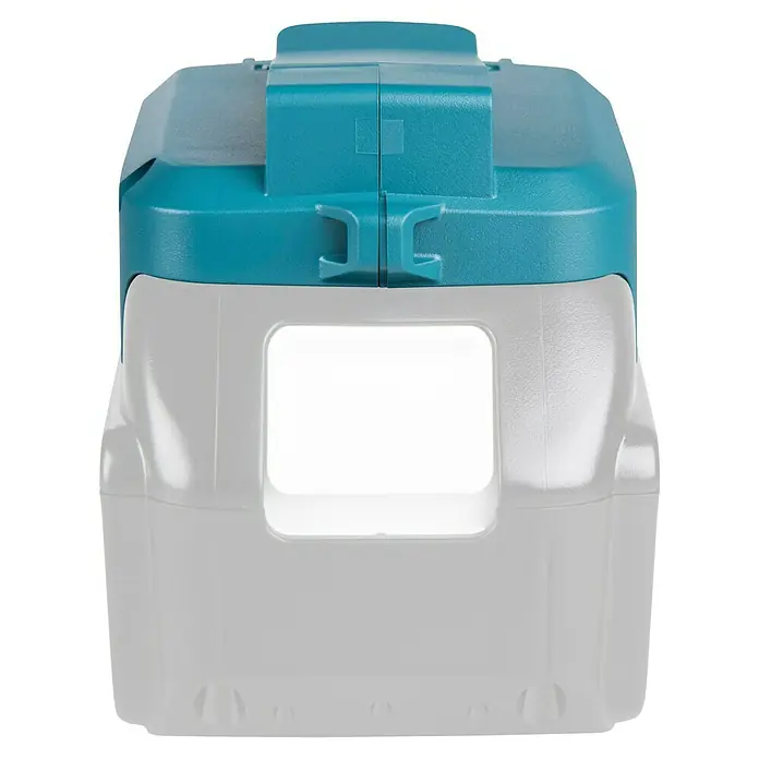 Makita LXT 18V Akku-Adapter DECADP05 - Passend für: Makita Li-Ionen Akkus 14,4 V, Makita Li-Ionen Akkus 18 V - Türkiser und durchscheinend grauer tragbarer Kühler mit weißem Etikettenbereich an der Vorderseite.