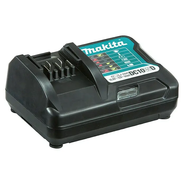 Makita CXT 12V max. Ladegerät DC10WD - Passend für: Makita Li-Ionen-Akkus 10,8 - 12 V - Schwarzes Makita DC10WD Li-ion 10,8V-12V Akku-Ladegerät mit türkisem Etikett und Statusanzeigen.