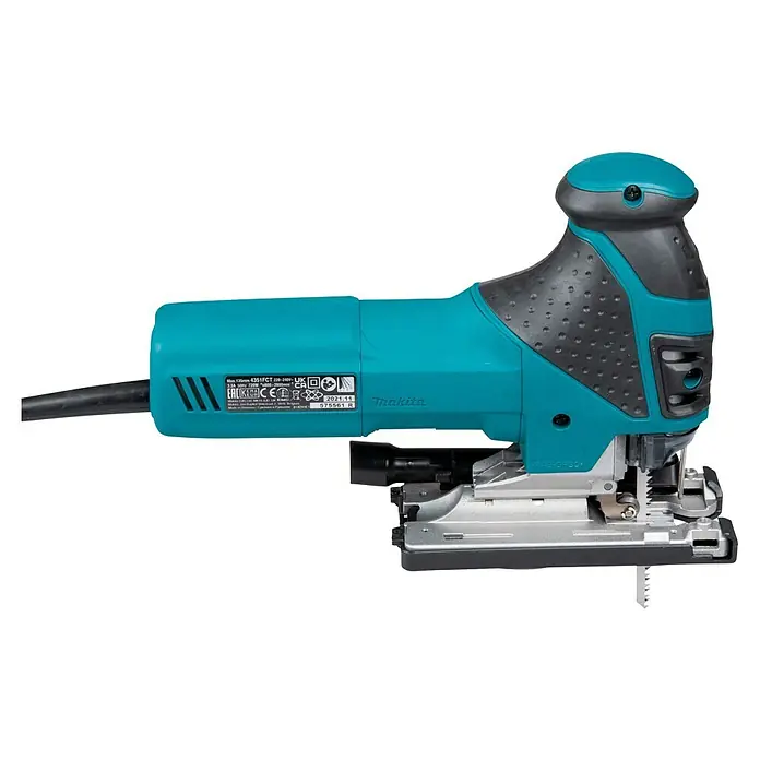 Makita Caladora eléctrica 4351FCTJ - 800 /min - 2.800 /min, Profundidad de corte máx. en madera: 135 mm, Número de niveles de elevación del péndulo: 4 ud. - Sierra de calar Makita turquesa y negra con base plateada, usada para cortar materiales.
