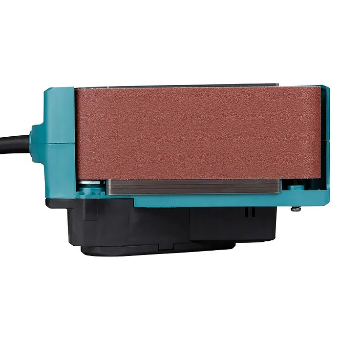 Makita Elektro-Bandschleifmaschine 9911J - 650 W - Seitenansicht einer türkis-schwarzen Bandschleifmaschine mit rotem Schleifband.