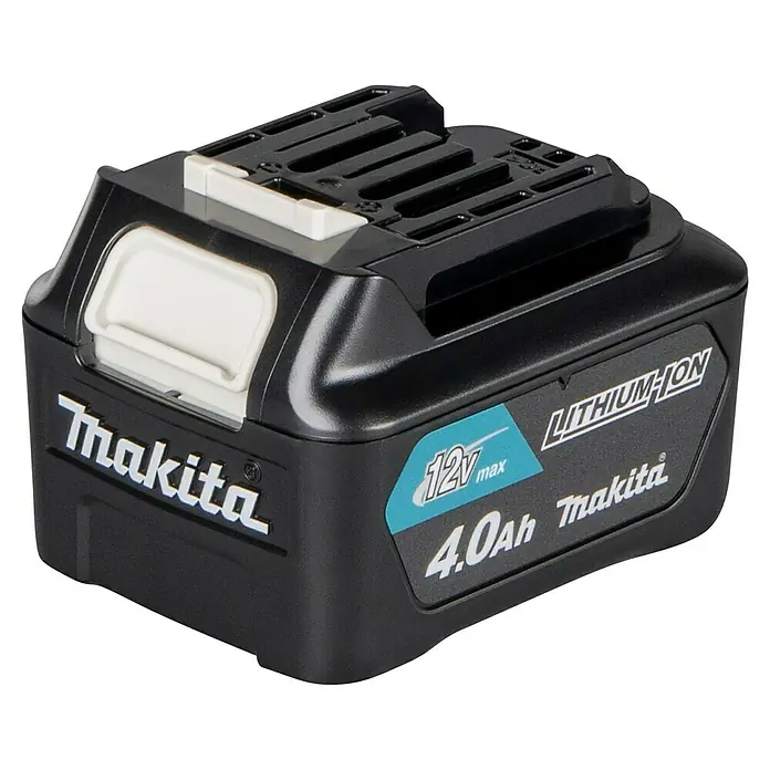 Makita CXT 12V max. Akku BL1041B - 12 V, 4 Ah - Schwarzer Makita 12V max 4.0Ah Lithium-Ionen-Akku mit weißen und türkisfarbenen Markendetails.