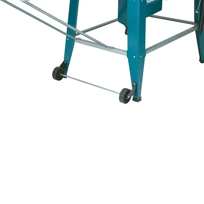 Makita Tischkreissäge 2712 - 2.000 W, Durchmesser Sägeblatt: 315 mm, Schnitttiefe bei 90 °: 85 mm - Türkisfarbenes Metallgestell mit Rädern und Stützstangen für ein Elektrowerkzeug oder eine Werkbank, für Mobilität.