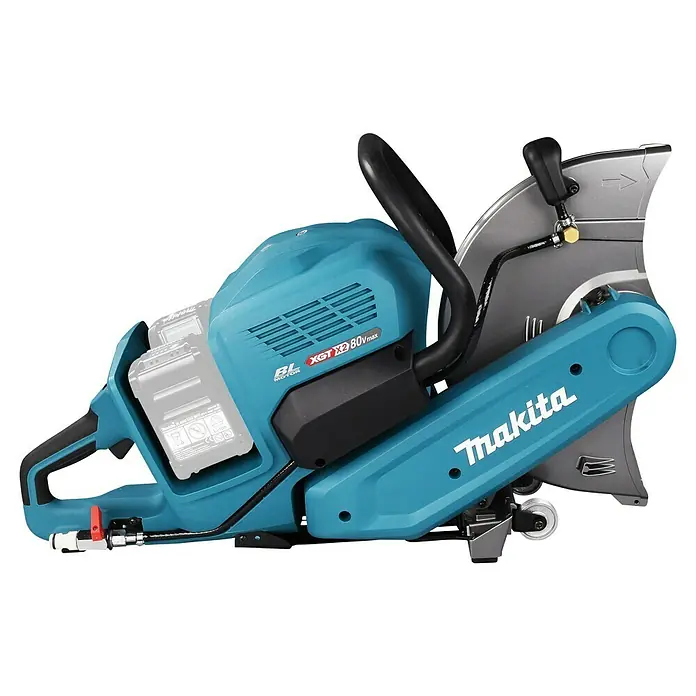 Makita XGT 40V max. Amoladora tronzadora de batería CE001GZ - 80 V, Sin batería, 5.300 r.p.m. - Sierra de corte sin cable Makita turquesa y negra con baterías visibles, protector de hoja y empuñadura.