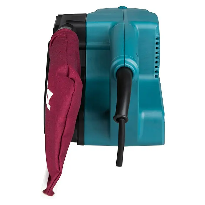 Makita Elektro-Bandschleifmaschine 9911J - 650 W - Türkiser Schwingschleifer mit schwarzem Netzkabel und weinrotem Staubfangbeutel.