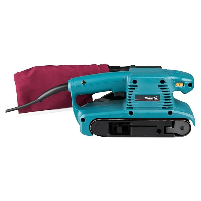 Makita Elektro-Bandschleifmaschine 9911J - 650 W - Türkiser Makita Bandschleifer mit rotem Staubsack und schwarzem Kabel.