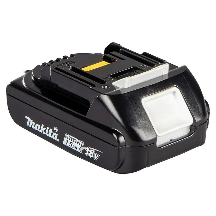 Makita LXT 18V Akku BL1815N - 18 V, 1,5 Ah - Schwarzer Makita Lithium-Ionen 18V 1,5Ah Akku mit weißen und gelben Details für Elektrowerkzeuge.