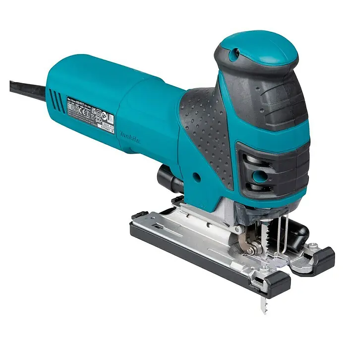 Makita Caladora eléctrica 4351FCTJ - 800 /min - 2.800 /min, Profundidad de corte máx. en madera: 135 mm, Número de niveles de elevación del péndulo: 4 ud. - Sierra de calar eléctrica turquesa y gris oscuro con base de metal plateado, protector transparente y hoja visible.