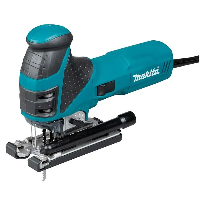 Makita Elektro-Pendelhubstichsäge 4351FCTJ - 800 /min - 2.800 /min, Max. Schnitttiefe in Holz: 135 mm, Anzahl Pendelhubstufen: 4 Stk. - Eine türkis-schwarze Makita Stichsäge, ein Elektrowerkzeug für präzises Schneiden.