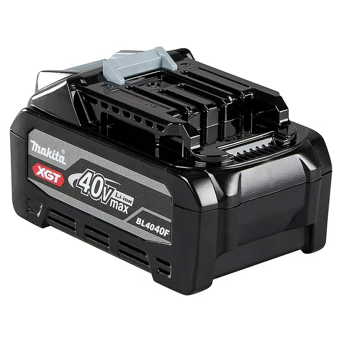 Makita XGT 40V max. Akku BL4040F - 40 V, 4 Ah, Li-Ionen - Schwarzer Makita XGT 40V max Li-ion Akku, Modell BL4040F, mit grauem Etikett.
