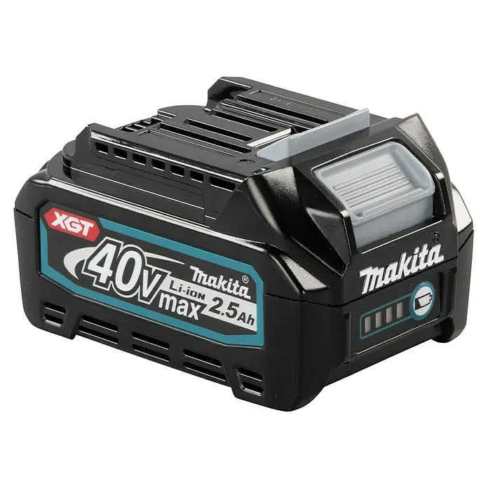 Makita XGT 40V max. Batería BL4025 - 40 V, 2,5 Ah - Batería Li-ion negra Makita XGT 40V max 2.5Ah con etiquetas turquesa y rojas, y un indicador de carga gris.