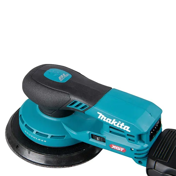 Makita XGT 40V max. Lijadora excéntrica de batería BO004CGZ -  - Lijadora orbital aleatoria inalámbrica Makita turquesa y negra con motor sin escobillas y ajuste de velocidad.