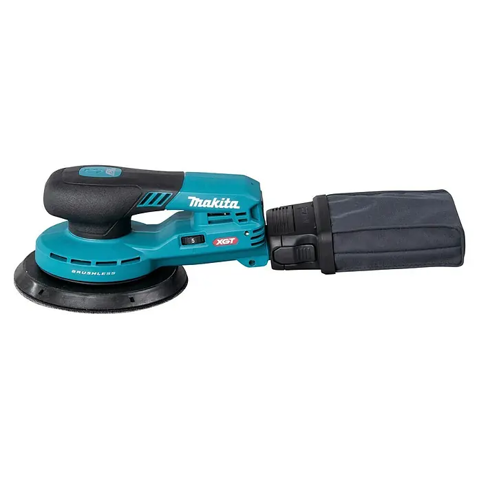 Makita XGT 40V max. Lijadora excéntrica de batería BO004CGZ -  - Lijadora orbital sin escobillas Makita turquesa y negra con bolsa de recolección de polvo.