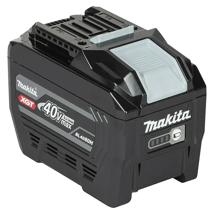 Makita XGT 40V max. Akku BL4080H - 40 V, 8 Ah - Schwarzer Makita XGT 40V max Li-Ion Akku (BL4080H) mit grauen Akzenten und Ladeanzeige.