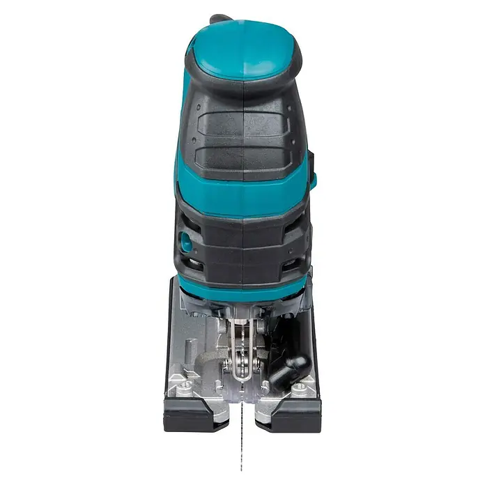 Makita Elektro-Pendelhubstichsäge 4351FCTJ - 800 /min - 2.800 /min, Max. Schnitttiefe in Holz: 135 mm, Anzahl Pendelhubstufen: 4 Stk. - Eine türkise und schwarze elektrische Stichsäge mit sichtbarem Metallblatt, von vorne gesehen.