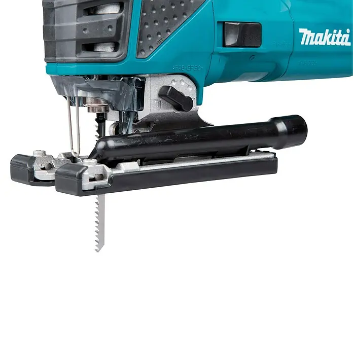 Makita Caladora eléctrica 4351FCTJ - 800 /min - 2.800 /min, Profundidad de corte máx. en madera: 135 mm, Número de niveles de elevación del péndulo: 4 ud. - Primer plano de una sierra de calar Makita turquesa y negra, mostrando la cuchilla, la placa base y el agarre ergonómico.