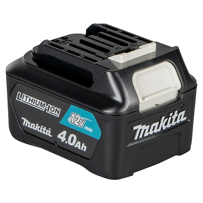 Makita CXT 12V max. Akku BL1041B - 12 V, 4 Ah - Schwarzer Makita 12V 4.0Ah Lithium-Ionen-Akku mit weißem und türkisfarbenem Branding.