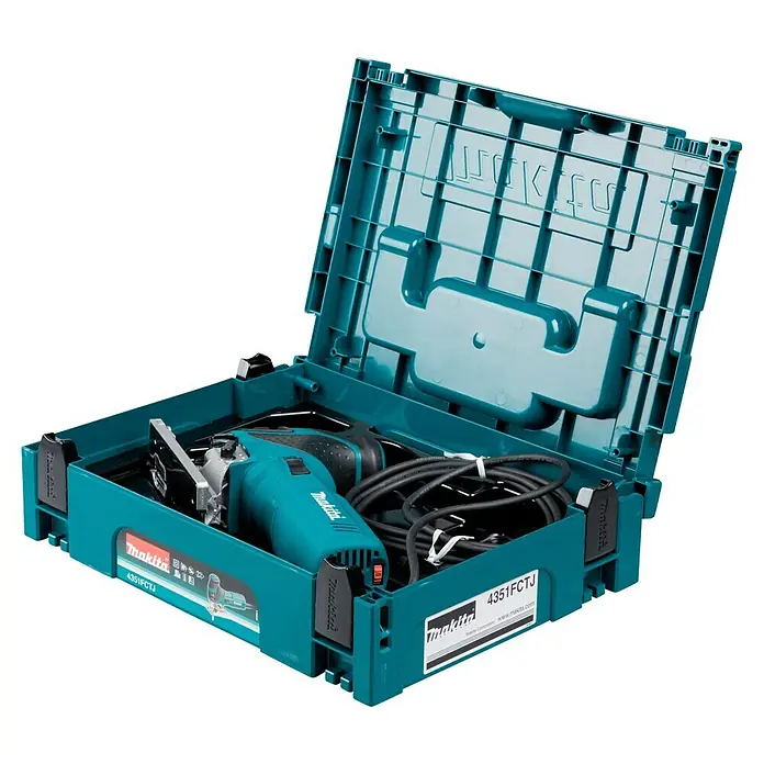 Makita Elektro-Pendelhubstichsäge 4351FCTJ - 800 /min - 2.800 /min, Max. Schnitttiefe in Holz: 135 mm, Anzahl Pendelhubstufen: 4 Stk. - Türkis Makita Stichsäge mit schwarzen Akzenten und Stromkabel, in einem offenen türkisfarbenen Kunststoffkoffer.