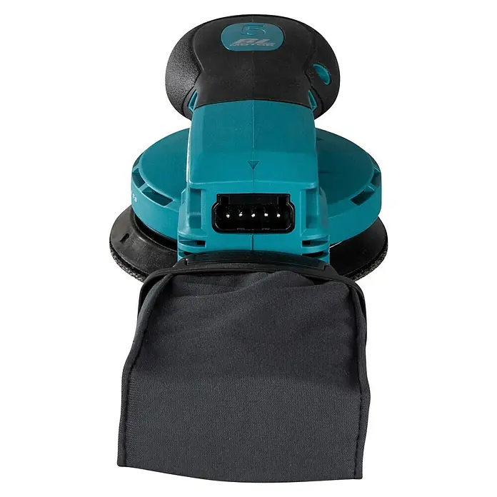 Makita XGT 40V max. Akku-Exzenterschleifer - 40 V, Ohne Akku, Durchmesser Schleifteller: 125 mm - Türkis-schwarzer Exzenterschleifer mit angebautem schwarzem Staubfangsack.