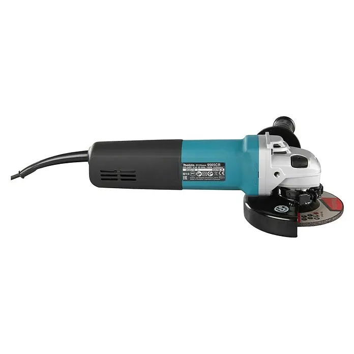 Makita Amoladora angular eléctrica 9565CR - 1.400 W, 11.000 r.p.m. - Amoladora angular Makita con mango negro, cuerpo turquesa, cabezal plateado y disco de corte.