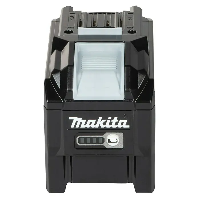 Makita XGT 40V max. Akku BL4080H - 40 V, 8 Ah - Schwarzer Makita Akku für Elektrowerkzeuge mit hellgrauem Oberteil und Ladeanzeige.