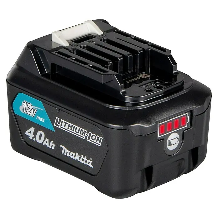 Makita CXT 12V max. Akku BL1041B - 12 V, 4 Ah - Schwarzer Makita 12V max 4.0Ah Lithium-Ionen Akku mit türkisfarbenem Etikett und roter Ladeanzeige.