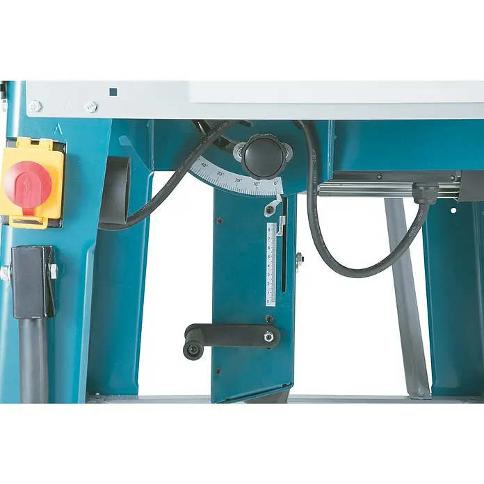 Makita Tischkreissäge 2712 - 2.000 W, Durchmesser Sägeblatt: 315 mm, Schnitttiefe bei 90 °: 85 mm - Türkise Maschinenplatte mit gelbem Not-Aus, Winkelverstellung (0-40°), Höheneinstellung (0-8) und Stromkabel.