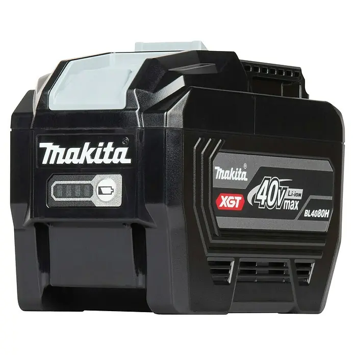 Makita XGT 40V max. Akku BL4080H - 40 V, 8 Ah - Schwarzer Makita 40V XGT Li-ion Akku BL4080H mit grauen Akzenten und Ladeanzeige.