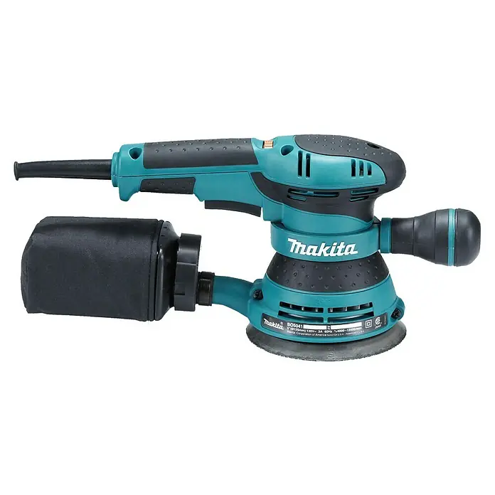 Makita Elektro-Exzenterschleifer BO5041J - 300 W, Durchmesser Schleifteller: 125 mm - Makita Exzenterschleifer in Türkis und Schwarz mit Staubbeutel, ein Elektrowerkzeug zum effizienten Schleifen.