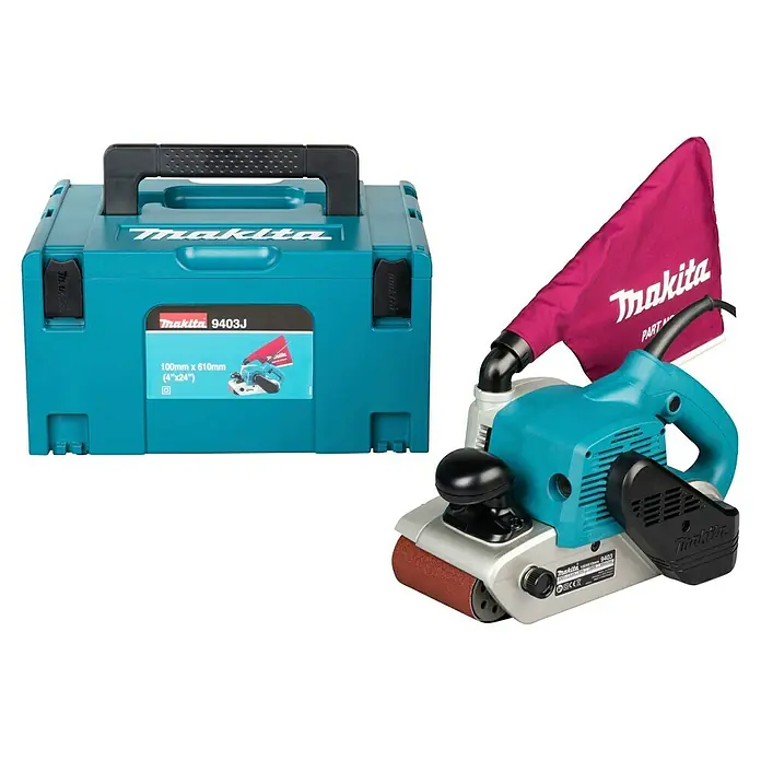 Makita Elektro-Bandschleifmaschine 9403J - 1.200 W - Türkiser und silberner Makita 9403J Bandschleifer mit magenta Staubbeutel, neben passendem türkisfarbenen Tragekoffer.